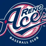 Reno Aces logo against blue background, baseball club text across bottom