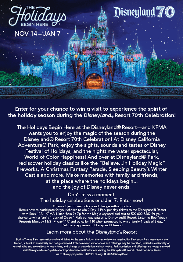 Sleeping Beauty’s Winter Castle shimmering with icicle lights and falling snow — The Holidays Begin Here at Disneyland Resort.