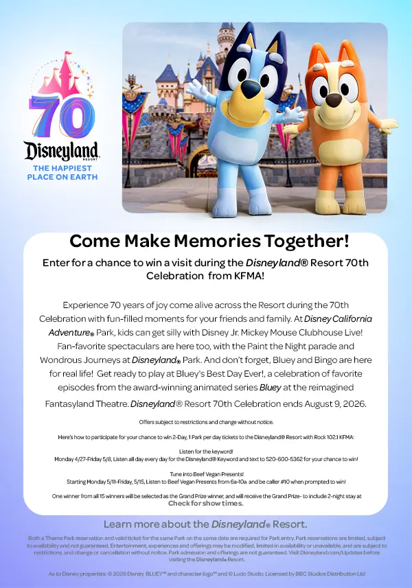 Disneyland Resort 70th Celebration contest graphic featuring Bluey and Bingo in front of the castle with prize entry details.