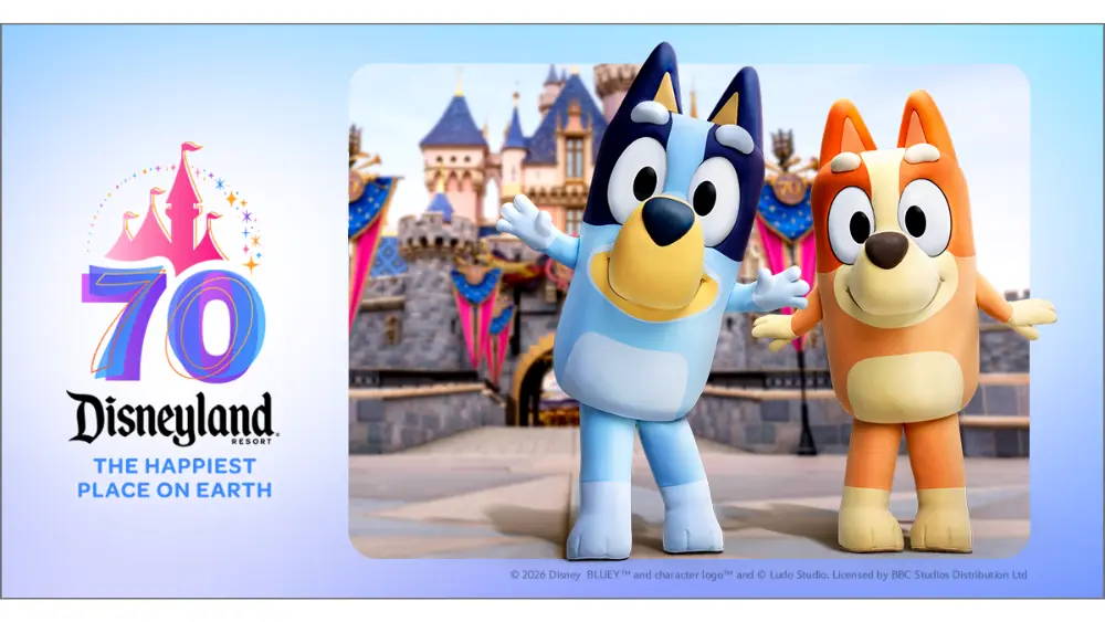 Disneyland Resort 70th Celebration contest graphic featuring Bluey and Bingo in front of the castle with prize entry details.