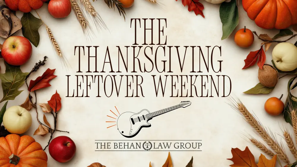 Thanksgiving-themed graphic with pumpkins, apples, leaves, wheat stalks, and fall decorations framing the edges. In the center, large text reads ‘THE THANKSGIVING LEFTOVER WEEKEND.’ Below the text is an illustrated electric guitar with small radiating lines, and beneath it is the Behan Law Group logo.