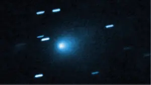 Hubble captured this image of the interstellar comet 3I/ATLAS on July 21, 2025, when the comet was 277 million miles from Earth. Hubble shows that the comet has a teardrop-shaped cocoon of dust coming off its solid, icy nucleus. Image: NASA, ESA, David Jewitt (UCLA); Image Processing: Joseph DePasquale (STScI).