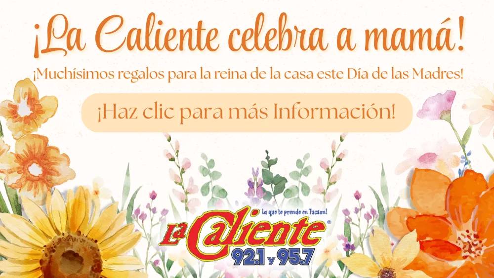 Promotional graphic for La Caliente 92.1 y 95.7 celebrating Mother's Day. The image features colorful watercolor flowers and text in Spanish that reads: "¡La Caliente celebra a mamá! ¡Muchísimos regalos para la reina de la casa este Día de las Madres! ¡Haz clic para más Información!" The La Caliente logo is at the bottom center of the image.