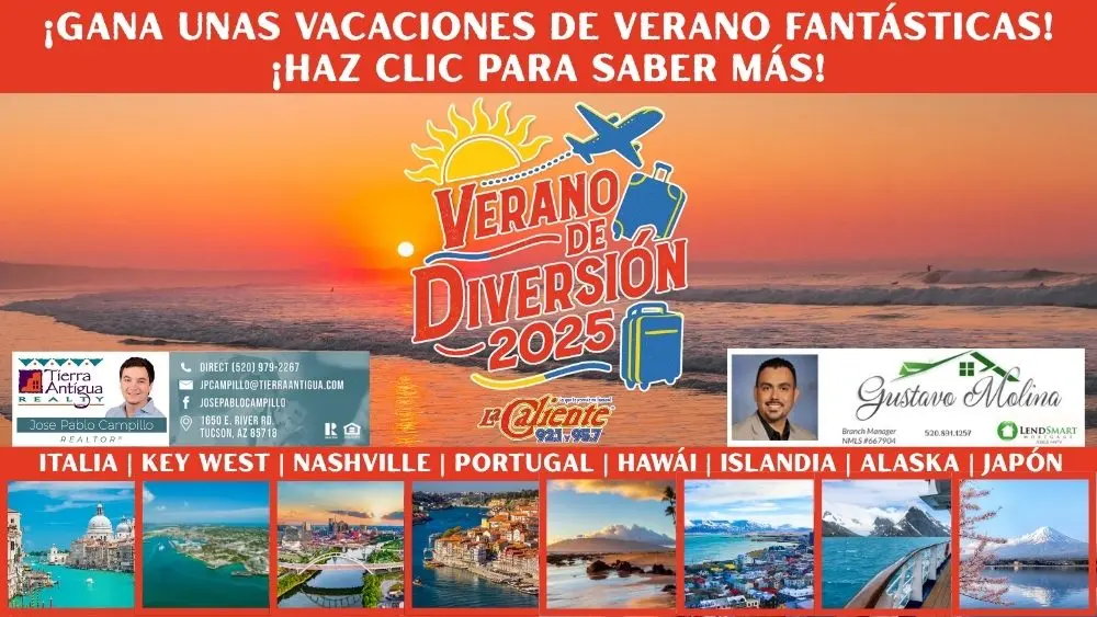 Promotional graphic for "Verano de Diversión 2025" by La Caliente 92.1 FM. The background features a vibrant beach sunset with ocean waves. The center displays the campaign logo with a sun, airplane, and suitcase icons. At the top, bold Spanish text reads, "¡Gana unas vacaciones de verano fantásticas! ¡Haz clic para saber más!" At the bottom, destination images with labels show: Italia, Key West, Nashville, Portugal, Hawái, Islandia, Alaska, and Japón.