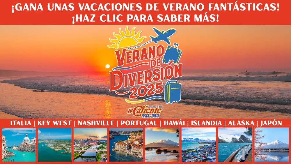 Promotional graphic for "Verano de Diversión 2025" by La Caliente 92.1 FM. The background features a vibrant beach sunset with ocean waves. The center displays the campaign logo with a sun, airplane, and suitcase icons. At the top, bold Spanish text reads, "¡Gana unas vacaciones de verano fantásticas! ¡Haz clic para saber más!" At the bottom, destination images with labels show: Italia, Key West, Nashville, Portugal, Hawái, Islandia, Alaska, and Japón.