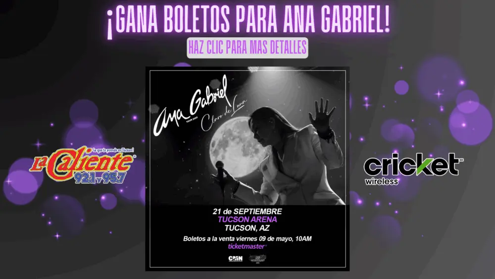 Promotional banner for Ana Gabriel's Claro de Luna Tour concert on September 21 at Tucson Arena, presented by La Caliente 92.1/95.7 and Cricket Wireless. Features a silhouette of Ana Gabriel performing under a full moon with ticket information and vibrant purple accents.
