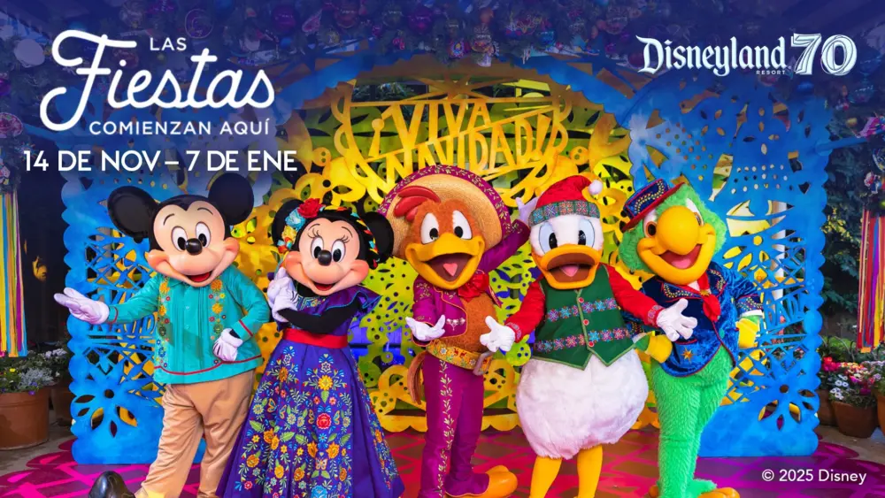 Mickey Mouse, Minnie Mouse, Panchito Pistoles, Donald Duck y José Carioca celebran Disney ¡Viva Navidad! en el Disneyland® Resort durante la Celebración del 70.º Aniversario. Con coloridos trajes festivos, papel picado y un ambiente lleno de alegría, invitan a vivir la magia de las fiestas del 14 de noviembre al 7 de enero.