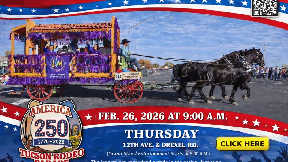 Horse-drawn wagon decorated in purple fringe carrying parade participants during the Tucson Rodeo Parade, with four black horses pulling the wagon down a city street. Event graphic highlights America’s 250th anniversary and reads “Tucson Rodeo Parade,” scheduled for February 26, 2026 at 9:00 a.m. at 12th Avenue and Drexel Road, with a patriotic red, white, and blue design and QR code in the corner.