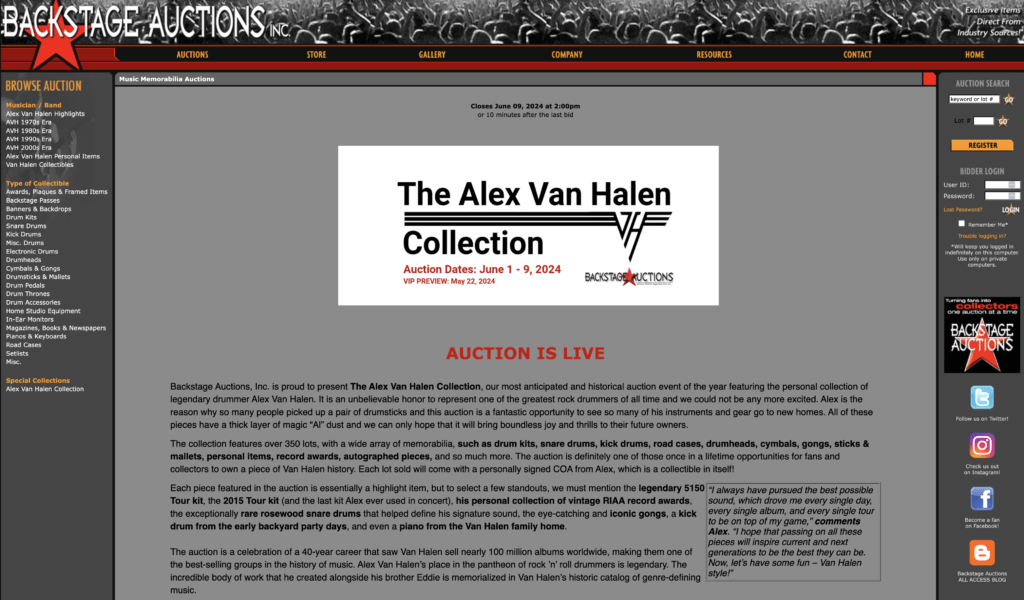 alex van halen's auction site, live now. Click to bid on Alex Van Halen's instruments and memorabilia.