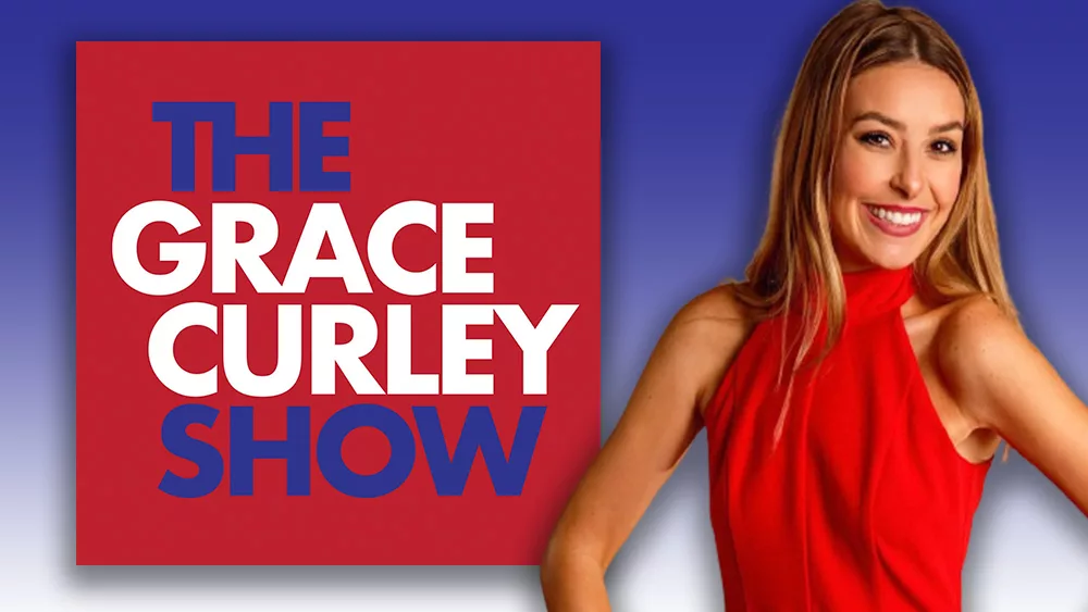 Banner image of Grace, with a Red White & Blue theme. She's in a Red dress.