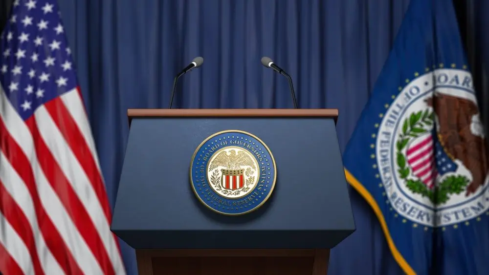 Federal Reserve System Fed of USA chairman press conference concept. Tribune with symbol and flag of FRS and United States. 3d illustration