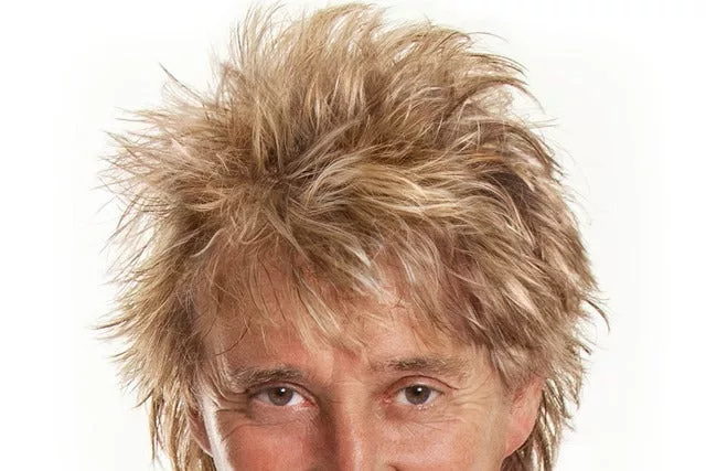 Half headshot of Rod Stewart with his iconic hair style.