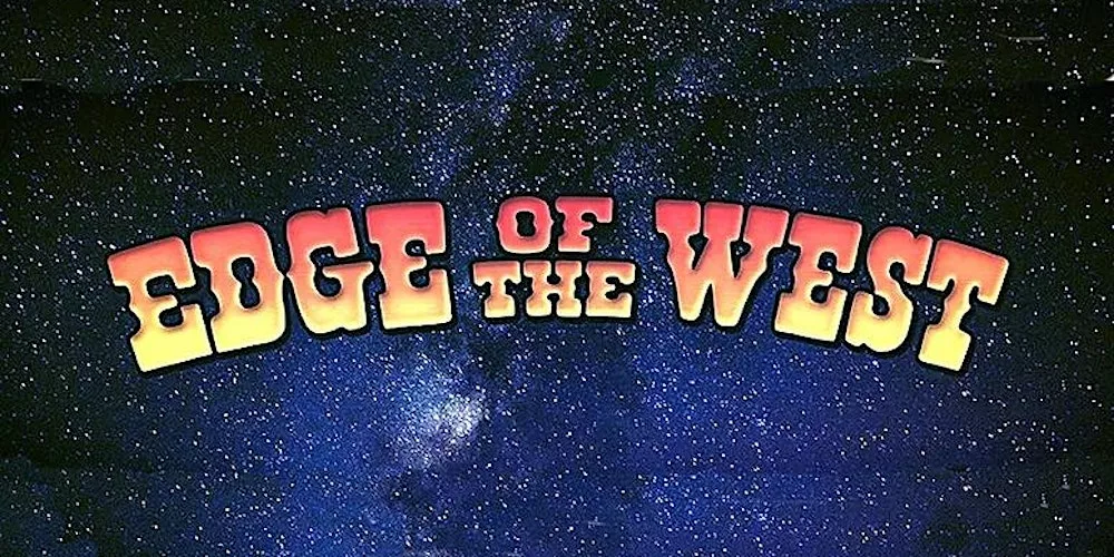 Edge of the West logo in western style type floating over a proverbial sea of stars with what seems to be a representation of the milky way.