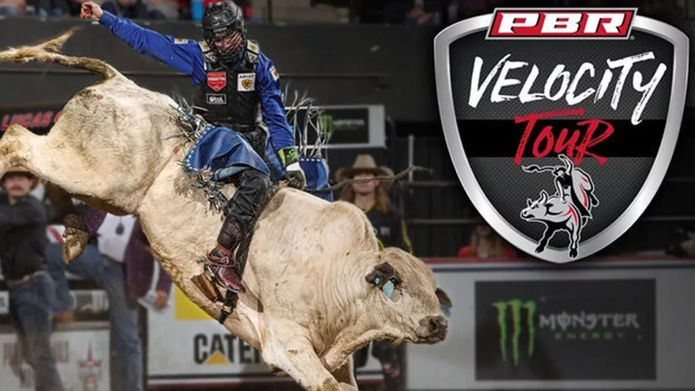 PBR Velocity Tour Slider, huge bull trying to buck off a cowboy with a helmet.