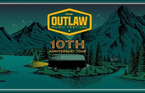 Outlaw Music Festival Slider graphic saying the title of the festival, green hue illustrationof a camping van by a river