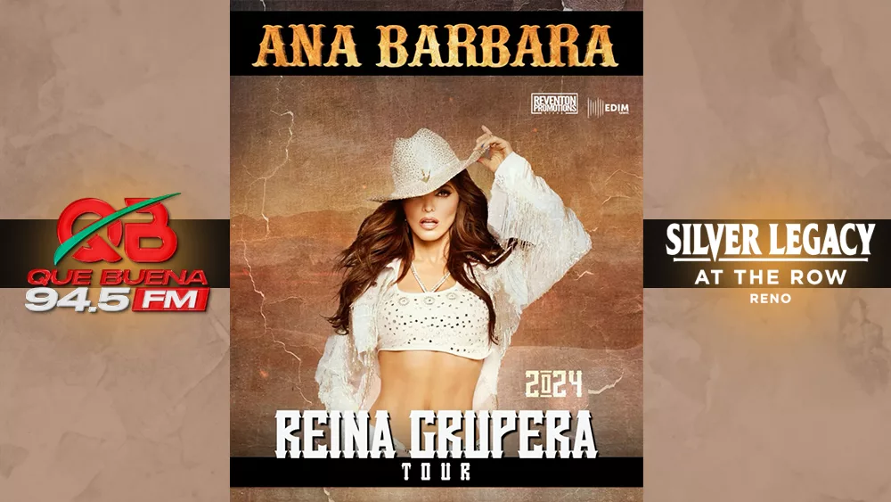 Ana Barbara, Renia Grupera posing in a cowboy hat and title says Reina Grupera Tour