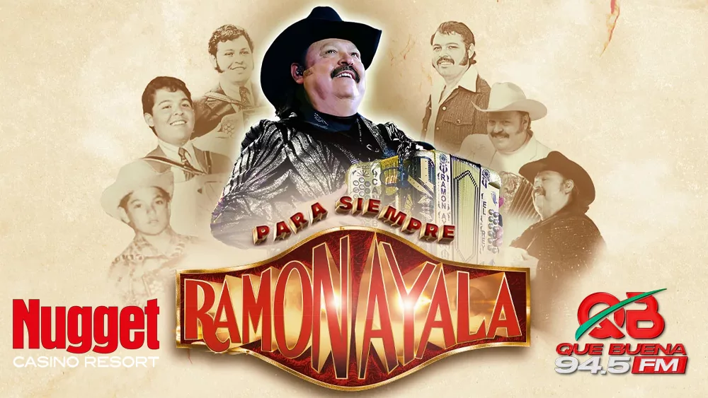 Ramon Ayala Tour Image, Para Siempre. He's holding an accordian and looking towards the sky.