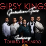 Gipsy Kings crew shot with the name of their tour in a neon type face right above them