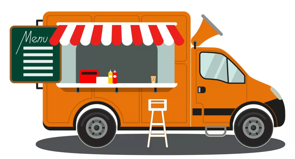 orange-food-truck-side-view-menu-coffee-white-chair-poster