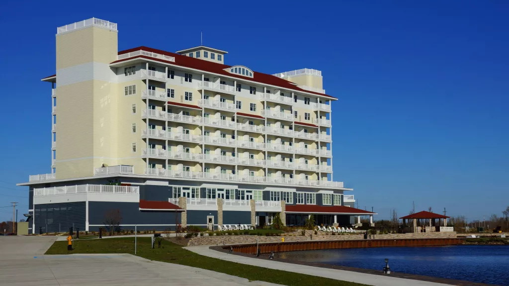 Inn, wide shot from South