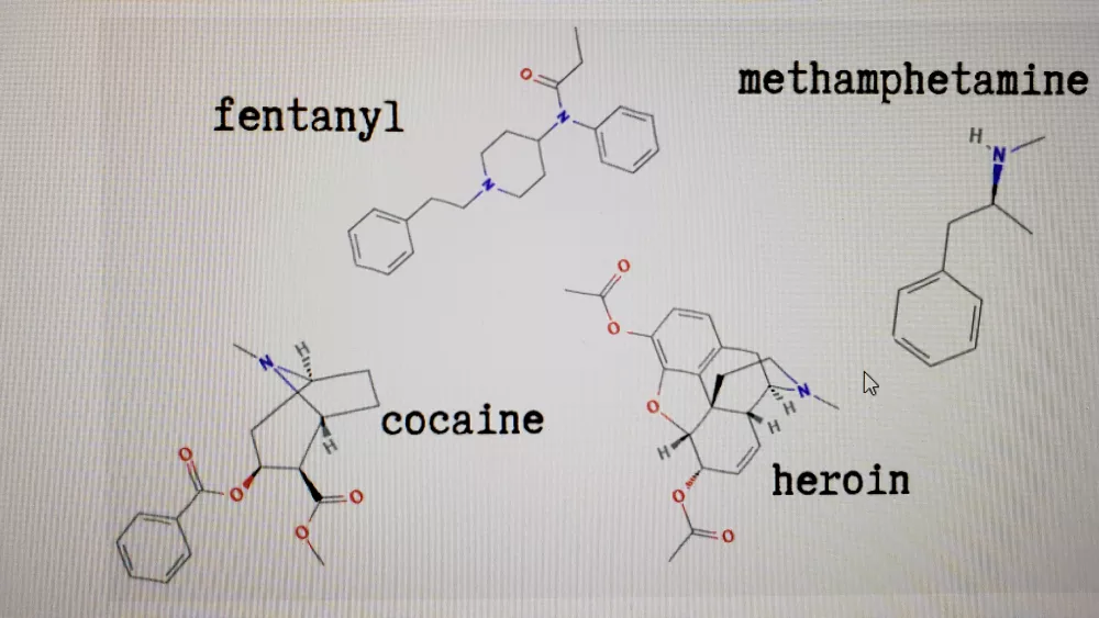 The chemical formula for various illegal drugs