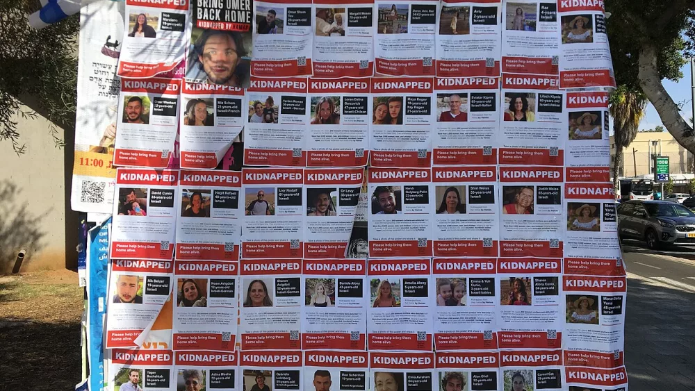 Posters of Israelis kidnapped by Hamas Oct. 2023