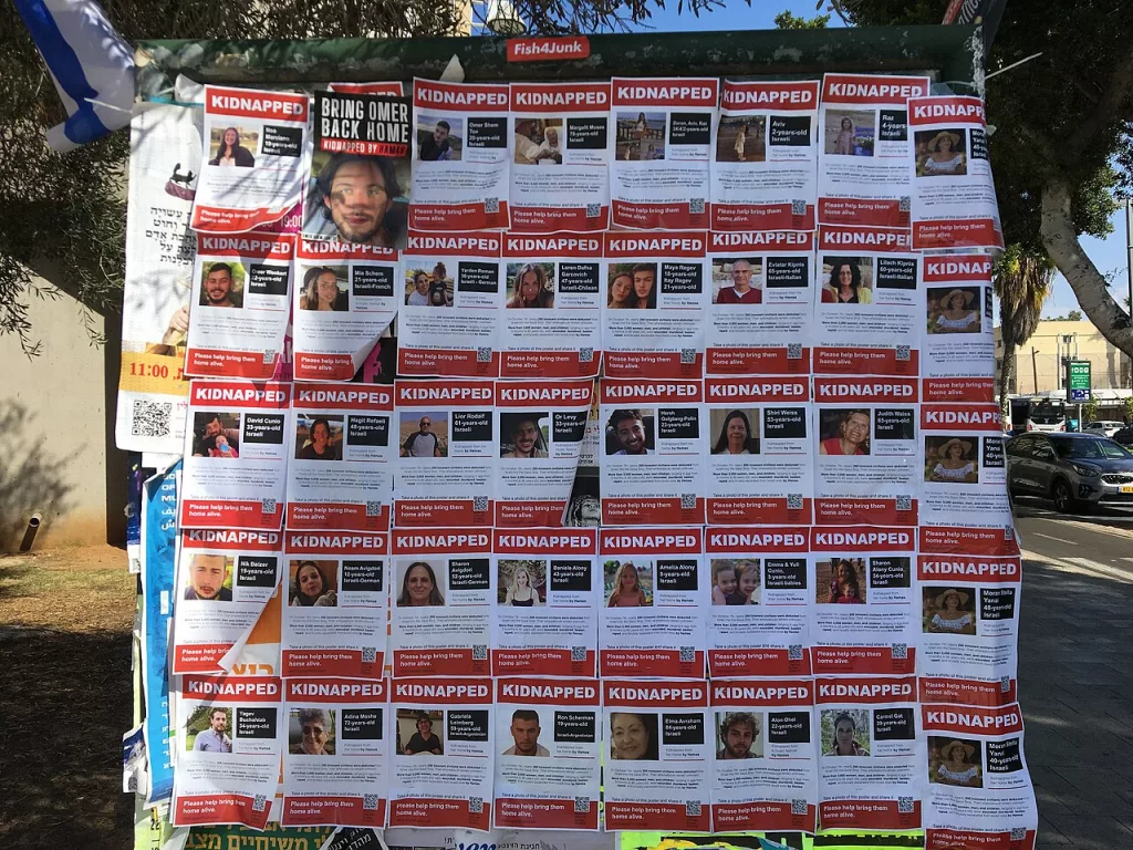 Posters of Israelis kidnapped by Hamas Oct. 2023