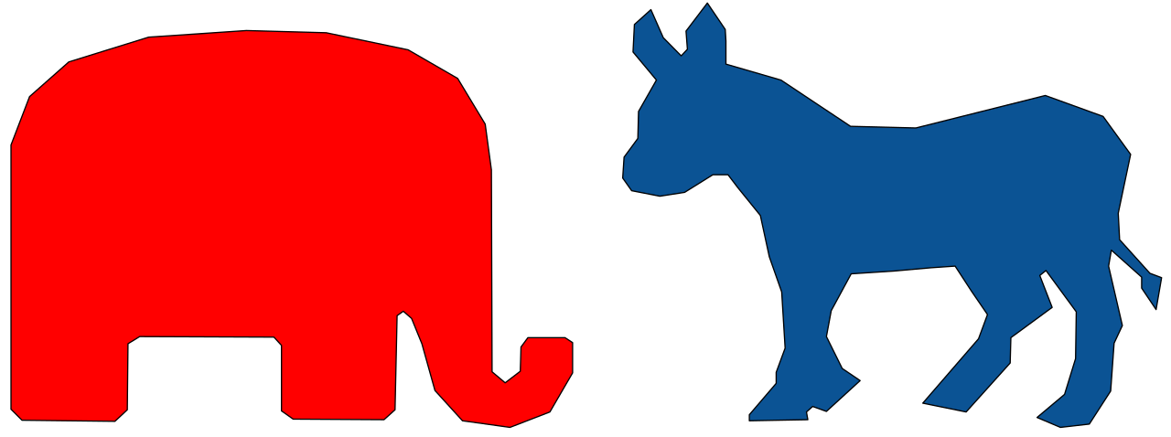 Republican and Democratic Party mascots, elephant and donkey