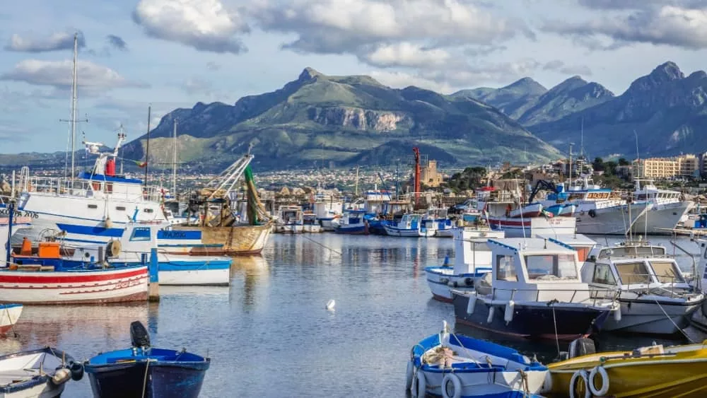 Boats in Porticello area of Santa Flavia city over Tyrrhenian Sea near Palermo on Sicily Island. Santa Flavia^ Italy.