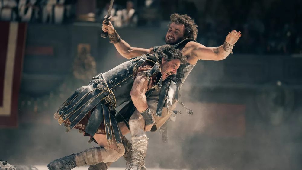 Pedro Pascal plays General Acacius and Paul Mescal plays Lucius in Gladiator II from Paramount Pictures.