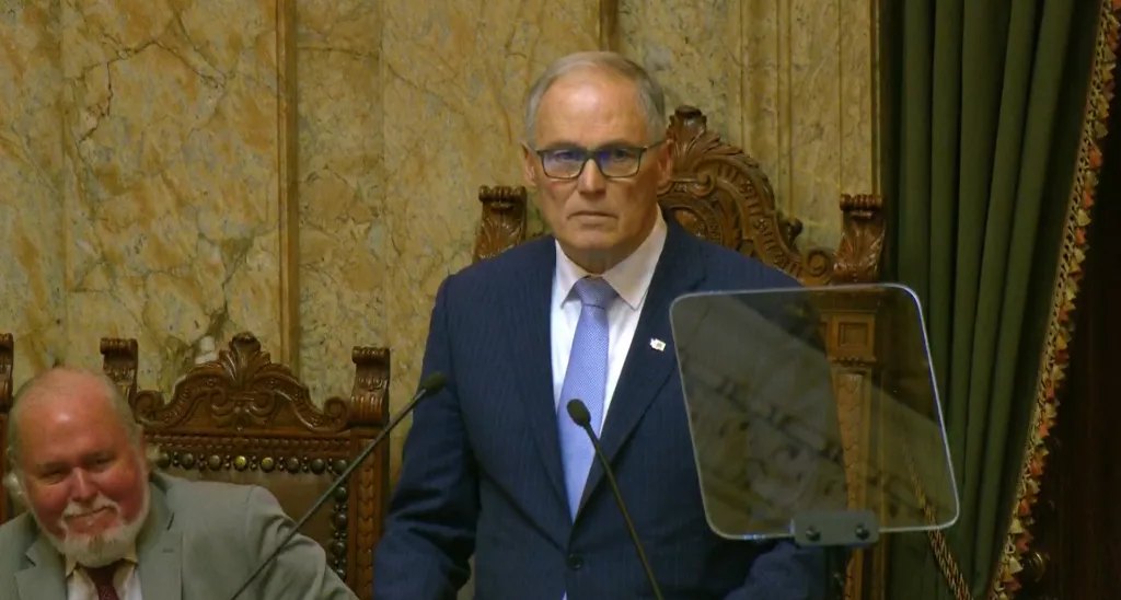 Outgoing Washington Governor Jay Inslee is mad when WA GOP lawmakers walked out of the chamber during Democratic Governor Jay Inslee's farewell address when he said Washingtonians wouldn't "bend the knee" to a "would-be authoritarian's worse impulses' in reference to President Trump