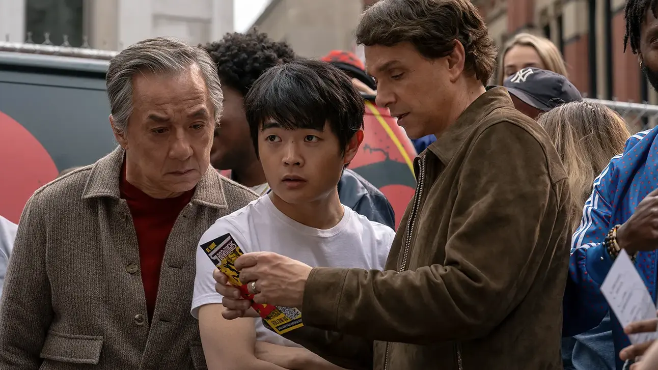 Jackie Chan (left), Ben Wang and Ralph Macchio in 'Karate Kid: Legends.' Jonathan Wenk/Columbia Pictures
