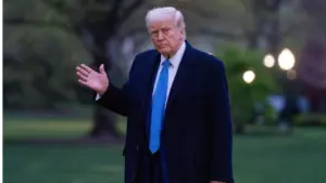 President Donald Trump walks across the south lawn after stepping off Marine 1 Washington DC^ United States^ April 6 2025