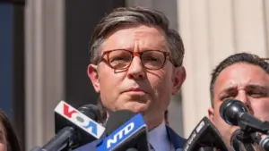 US House Speaker Mike Johnson speaks during a press briefing at Columbia University in New York on April 24^ 2024.