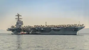The United States Navy aircraft carrier USS Gerald R. Ford docked in Split^ Croatia on 27 June^ 2023.