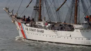 The United States Coastguard tall ship USCGC EAGLE sails from Portsmouth after a courtesy visit to the city PORTSMOUTH^ UK – APRIL 30TH 2019