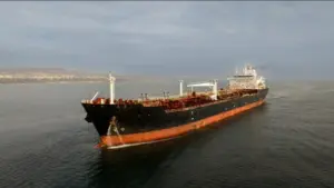 Aerial view of big oil tanker. Large oil tanker ship enters the port