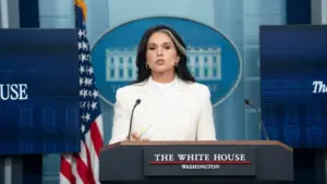 Director of National Intelligence Tulsi Gabbard speaks during a press briefing at in Washington^ Wednesday^ July 23^ 2025.