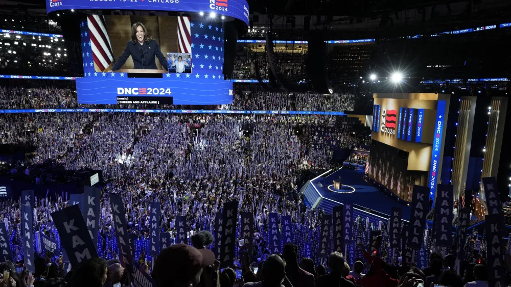 Democratic presidential nominee Vice President Kamala Harris speaks during the Democratic National Convention Thursday, Aug. 22, 2024, in Chicago. (AP Photo/Morry Gash)