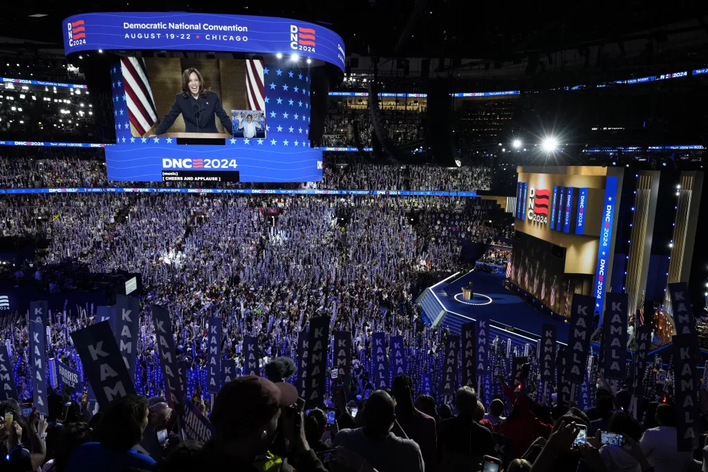 Democratic presidential nominee Vice President Kamala Harris speaks during the Democratic National Convention Thursday, Aug. 22, 2024, in Chicago. (AP Photo/Morry Gash)