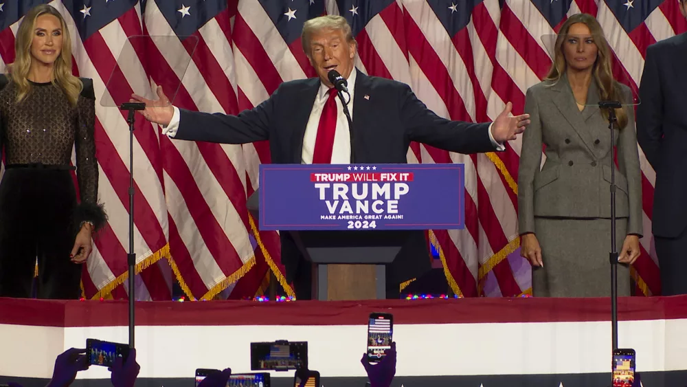 Republican presidential nominee former President Donald Trump speaks at an election results watch party as his commanding victory over Kamala Harris is apparent on Wednesday, Nov. 6, 2024, in West Palm Beach, Fla. (AP Photo/Ted Shaffrey)