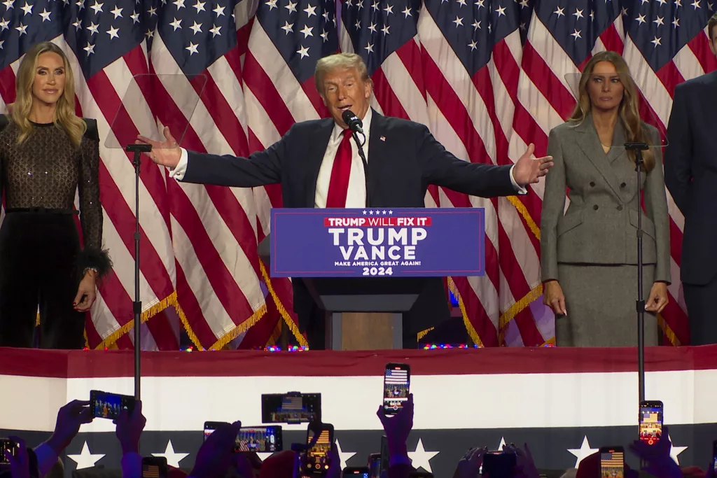 Republican presidential nominee former President Donald Trump speaks at an election results watch party as his commanding victory over Kamala Harris is apparent on Wednesday, Nov. 6, 2024, in West Palm Beach, Fla. (AP Photo/Ted Shaffrey)