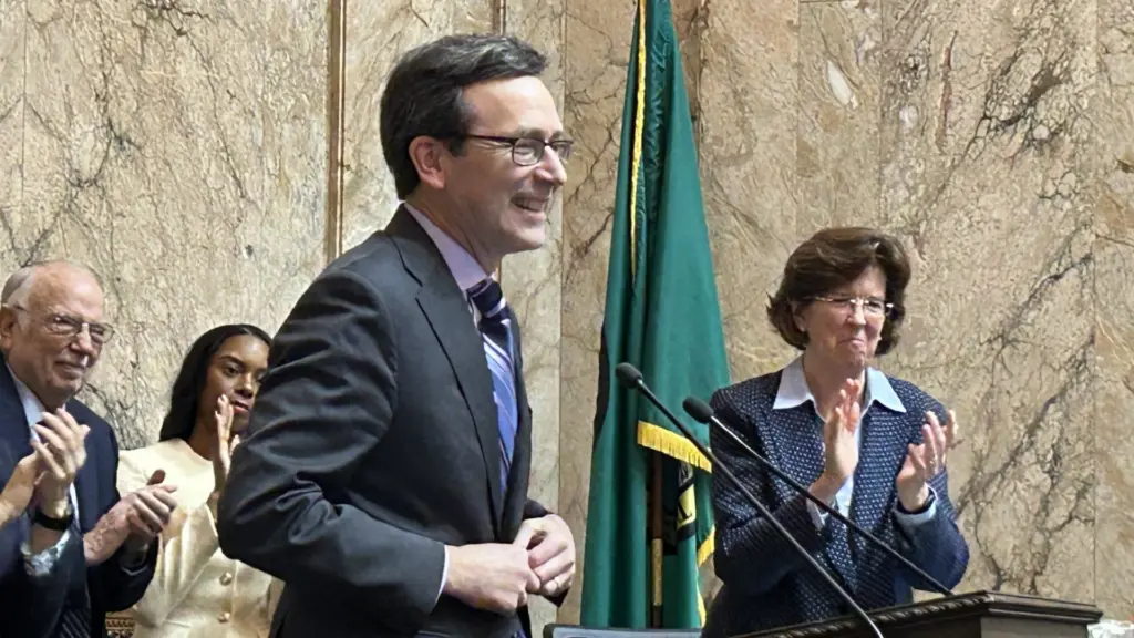 Washington Gov. Bob Ferguson delivers his State of the State address in Olympia, Jan. 13, 2026. (Northwest Newsradio/Jeff Pohjola)