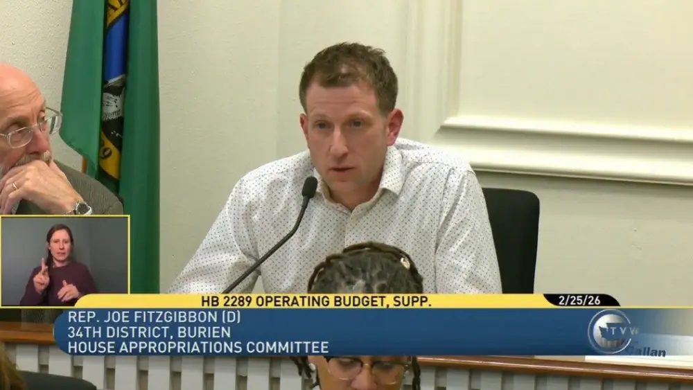 State Rep. Joe Fitzgibbon (D-Burien) speaks during a late night committee meeting on the state budget. Fitzgibbon has admitted to being drunk during the proceedings. (Image courtesy of TVW)