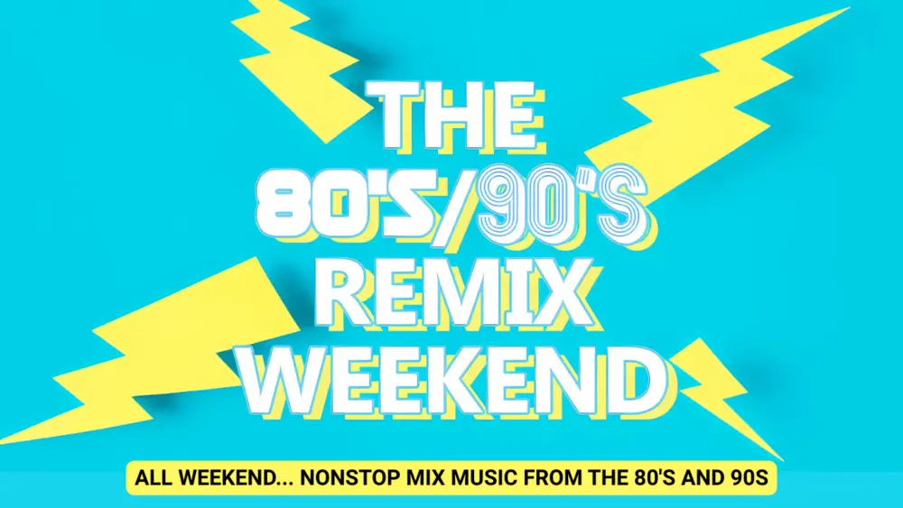 Bright promotional graphic with a retro aesthetic. A turquoise background is decorated with bold yellow lightning bolts surrounding large white 3D-style text that reads: "THE 80'S/90'S REMIX WEEKEND." At the bottom, a yellow banner displays the message: "ALL WEEKEND... NONSTOP MIX MUSIC FROM THE 80'S AND 90'S" in bold black letters.