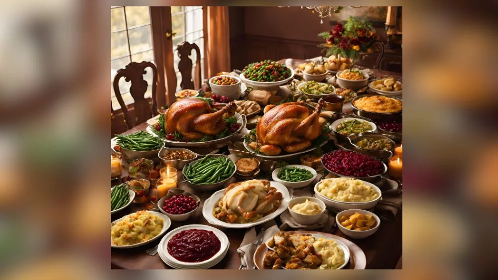 A table with lots of Thanksgiving items on it.