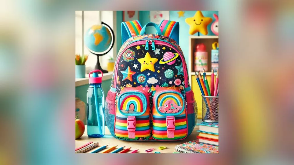 A colorful backpack for a child sitting on a school desk.