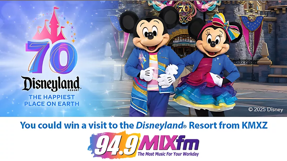 Promotional image celebrating the 70th anniversary of Disneyland Resort, featuring Mickey and Minnie Mouse in colorful outfits standing in front of Sleeping Beauty Castle decorated with 70th anniversary banners. The image includes text: “Disneyland Resort – The Happiest Place on Earth” and “You could win a visit to the Disneyland Resort from KMXZ 94.9 MIXfm – The Most Music For Your Workday.” ©2025 Disney.