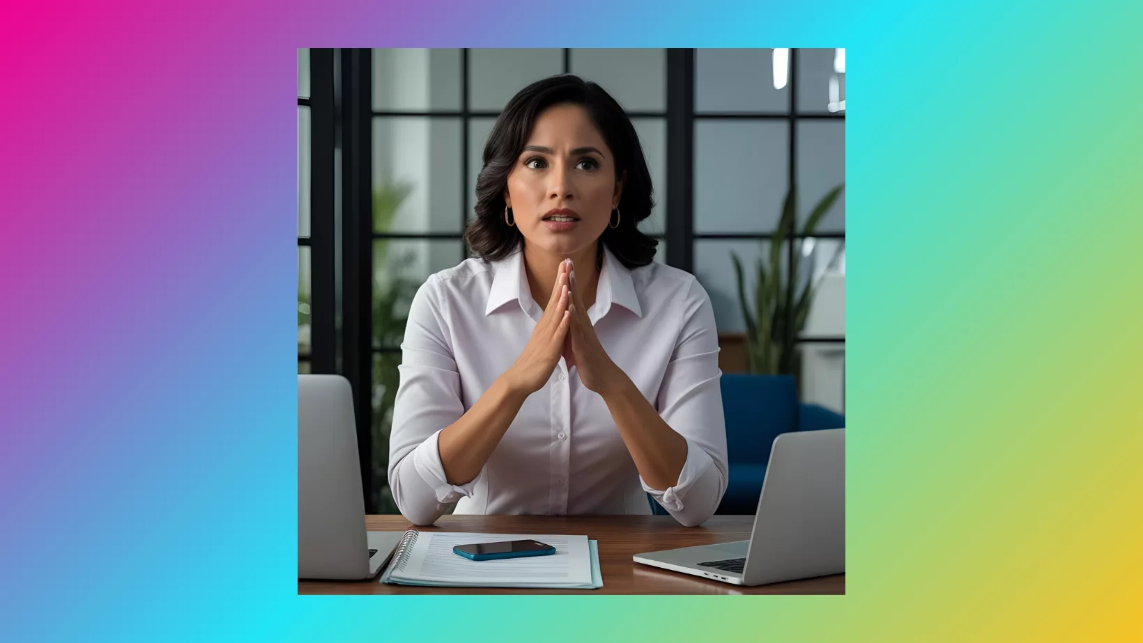 A woman sitting at her desk at work.