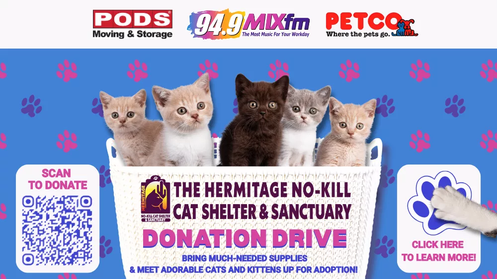 Promotional image for a cat shelter donation drive, featuring six adorable kittens in a white basket. The event is hosted by The Hermitage No-Kill Cat Shelter & Sanctuary and sponsored by PODS, 94.9 MIXfm, and Petco. The background is blue with pink and purple paw prints. On the left side is a QR code with the text "Scan to Donate," and on the right side is a paw graphic with a cat's paw clicking it, labeled "Click Here to Learn More!" The message encourages donations of much-needed supplies and invites people to meet cats and kittens up for adoption.
